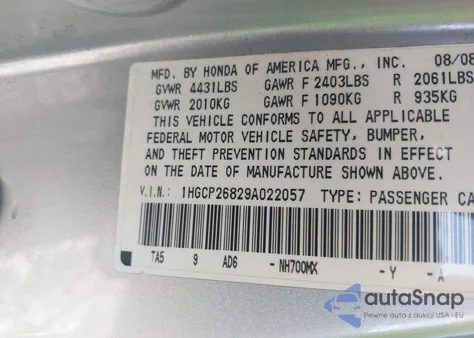 2009 Honda Accord 2.4 Ex-L z USA, uszkodzony, nr VIN 1HGCP26829A022057